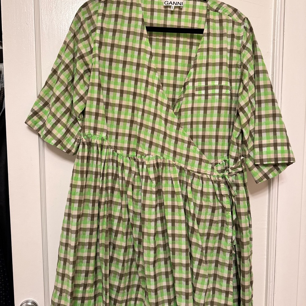 Ganni Green and White Casual Sundress with V-neck